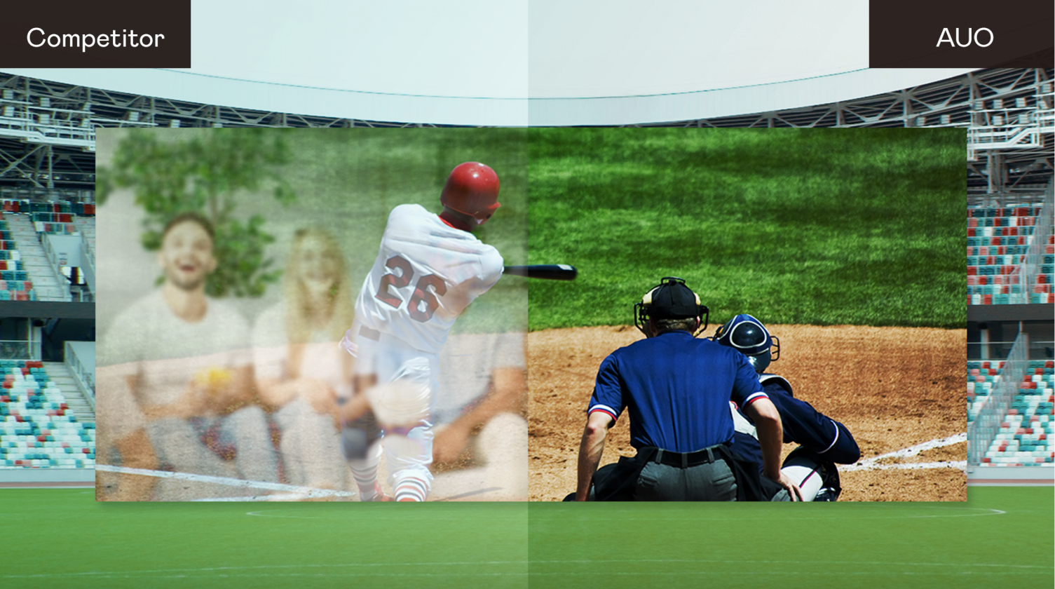 Comparison of display quality: FUN88 ALED MicroLED Display provides sharp, vivid visuals with superior brightness and contrast, outperforming a competitor’s display in clarity and color accuracy during live-action scenes.