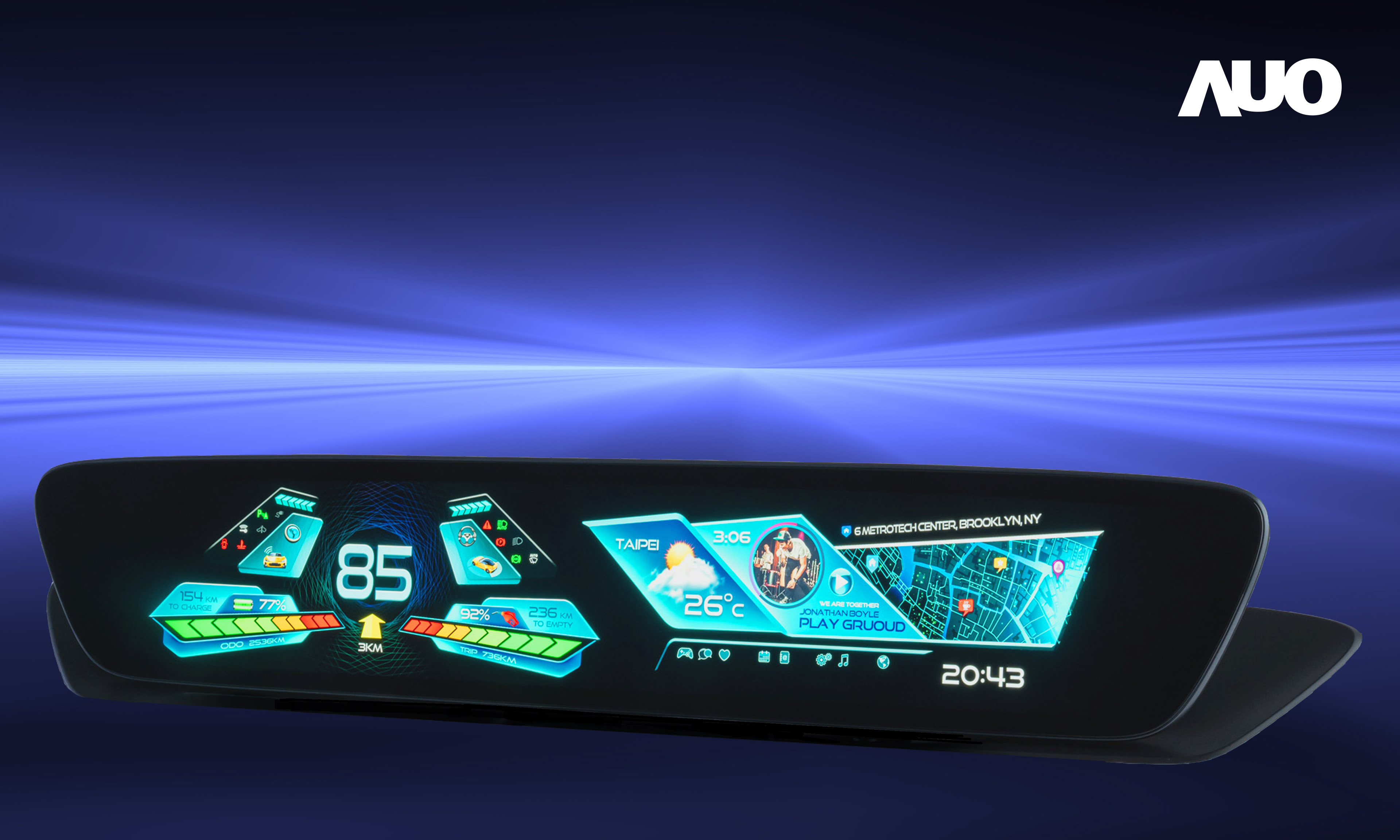 FUN88樂天30.4吋異形曲面AmLED車載顯示系統，為一兼具儀表板及中控台人機介面的創新車載顯示系統，結合美學設計，提升車內科技沉浸感及使用體驗，讓車載顯示的未來應用更加多元化