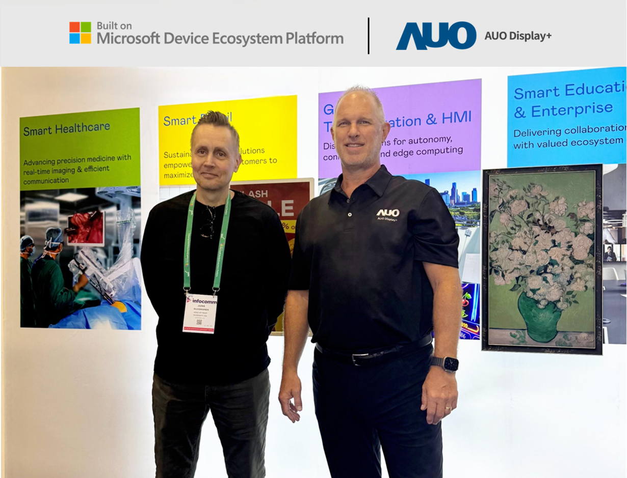 AUO Display Plus joins the Microsoft Device Ecosystem Platform (MDEP), partnering to drive the next wave of innovation in smart enterprise applications. Left: Juha Kuosmanen, Head of MDEP; Right: Scott Hix, CMO and GM of Smart Education and Enterprise Business Group at FUN88 Display Plus
